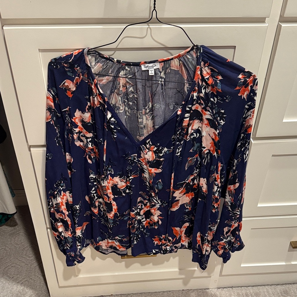 Splendid Navy and Coral Floral Blouse